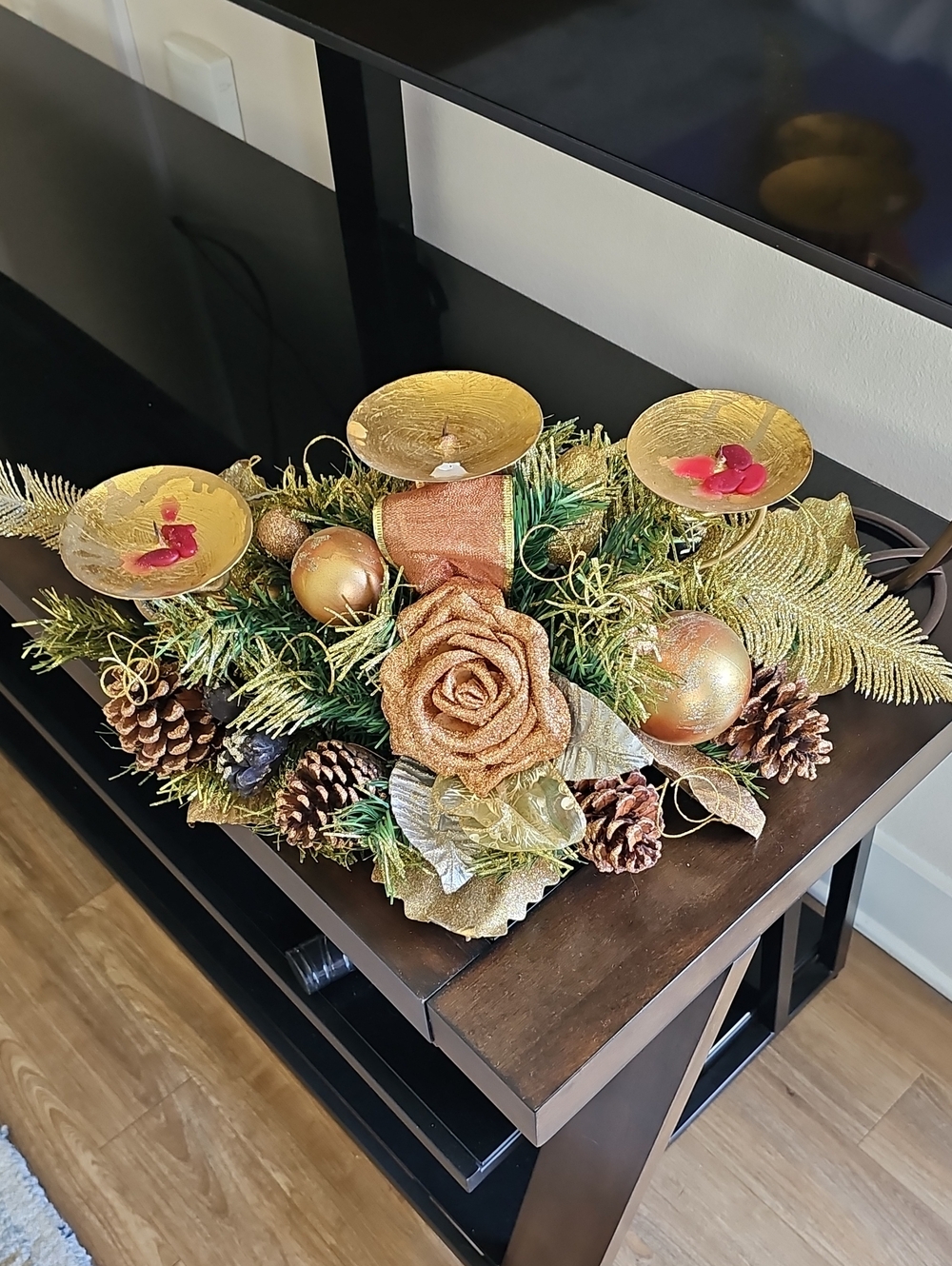 Gold Holiday Centerpiece with Pinecones and Rose